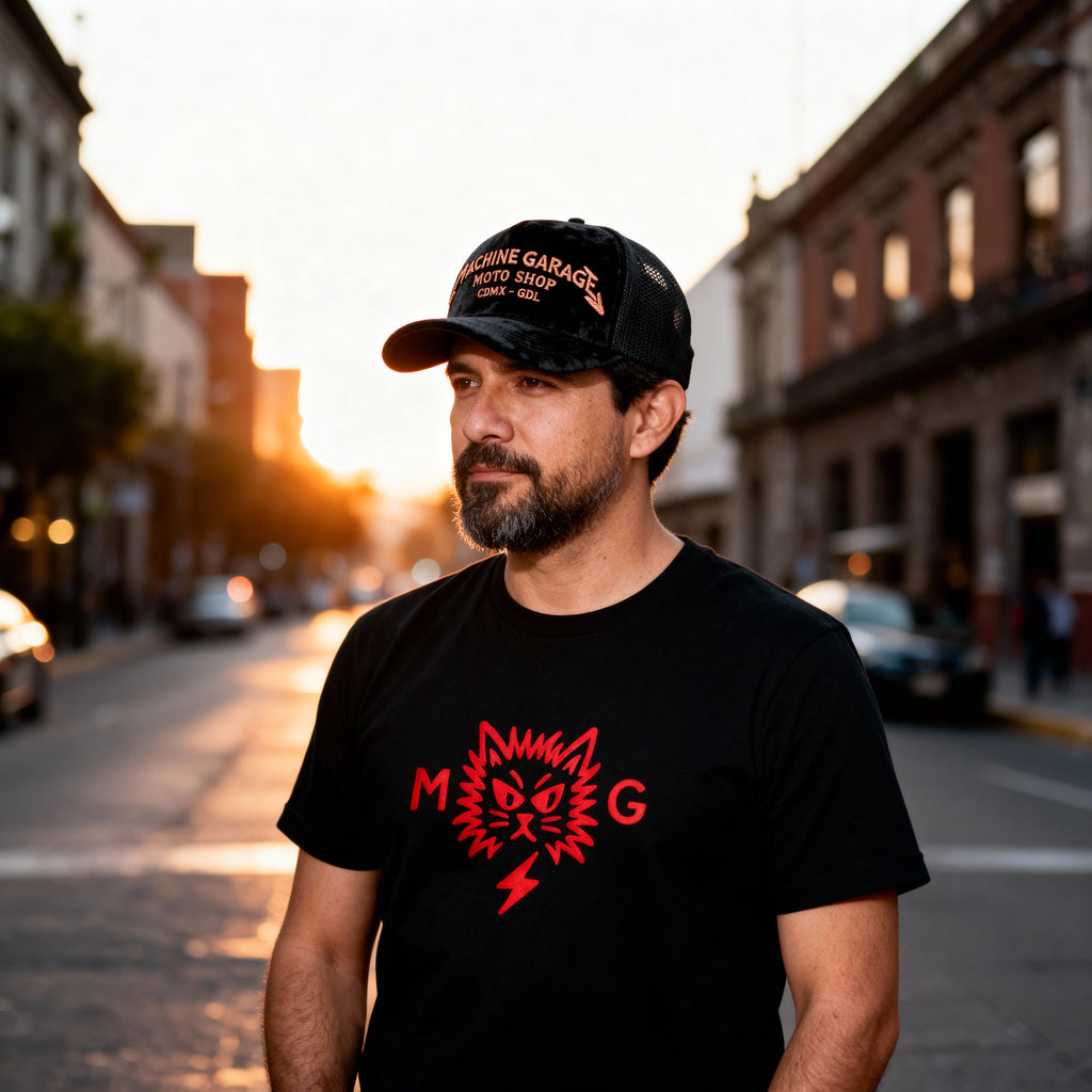 Gorra trucker de gamuza negra Machine Garage – Edicion Limitada