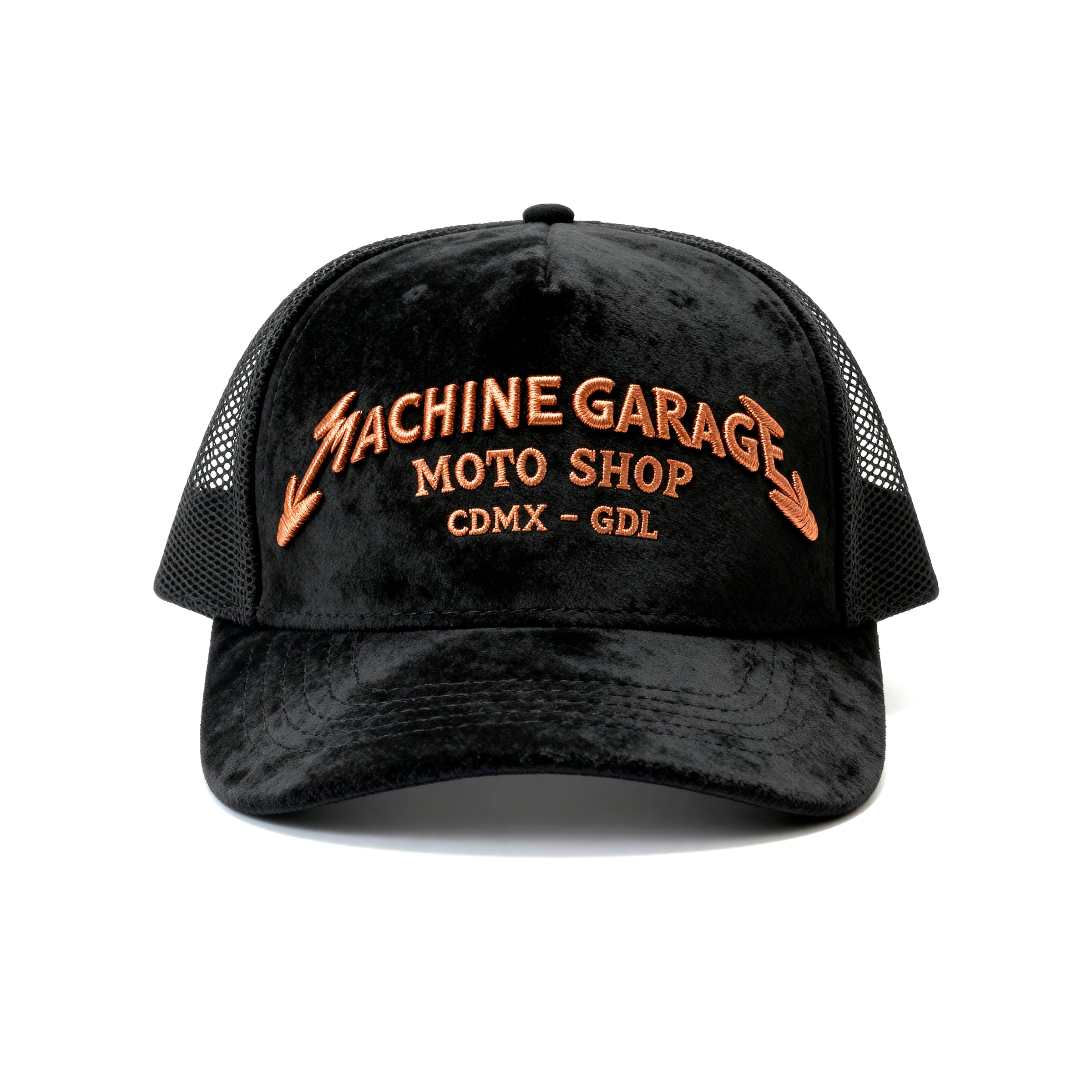 Gorra trucker de gamuza negra Machine Garage – Edicion Limitada