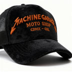 Gorra trucker de gamuza negra Machine Garage – Edicion Limitada