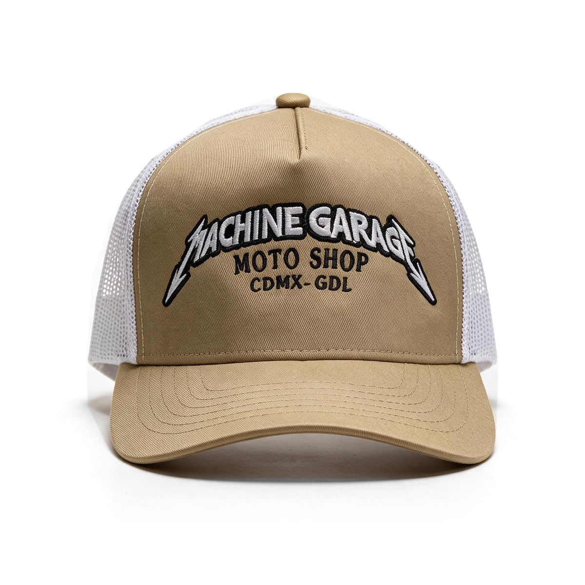Gorra Machine Garage Moto Shop Khaki — vista frontal, composición uniforme