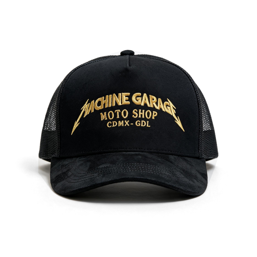 Gorra Machine Garage Moto Shop Negra con Bordado Dorado — vista frontal, composición uniforme