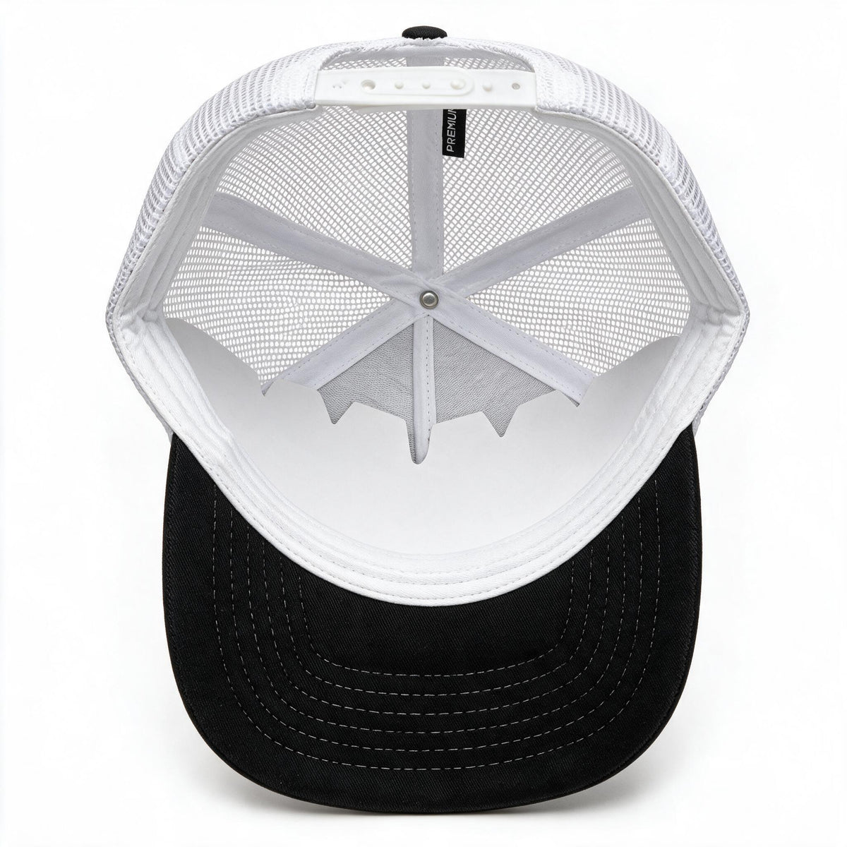 Gorra Machine Garage MGMX Negra con Malla Blanca — detalle cenital del interior