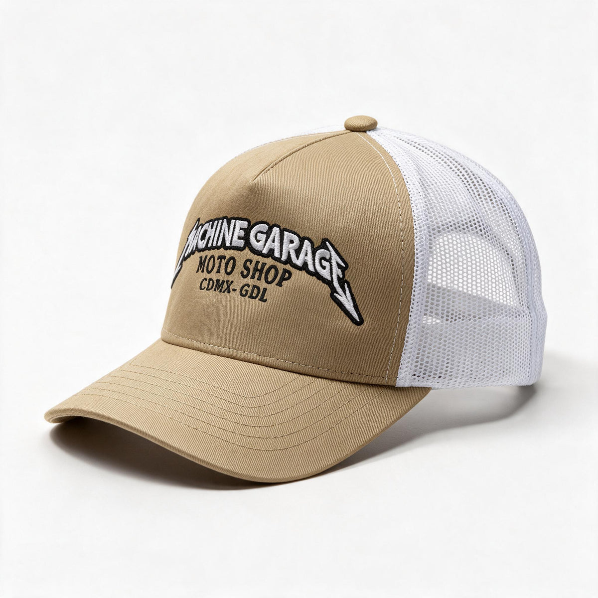 Gorra Machine Garage Moto Shop Khaki — vista diagonal